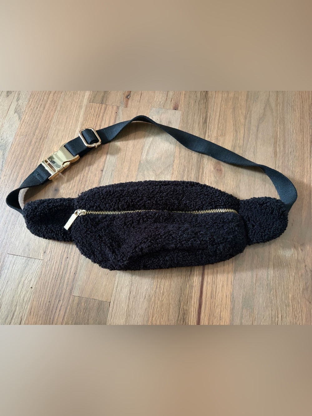 Black Faux Sherpa Fanny Pack with Gold Hardware
